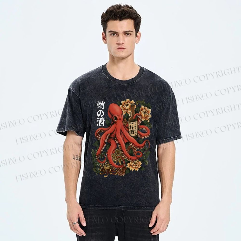 Unisex Octopus with Sake Bottle Printed Washed Tee