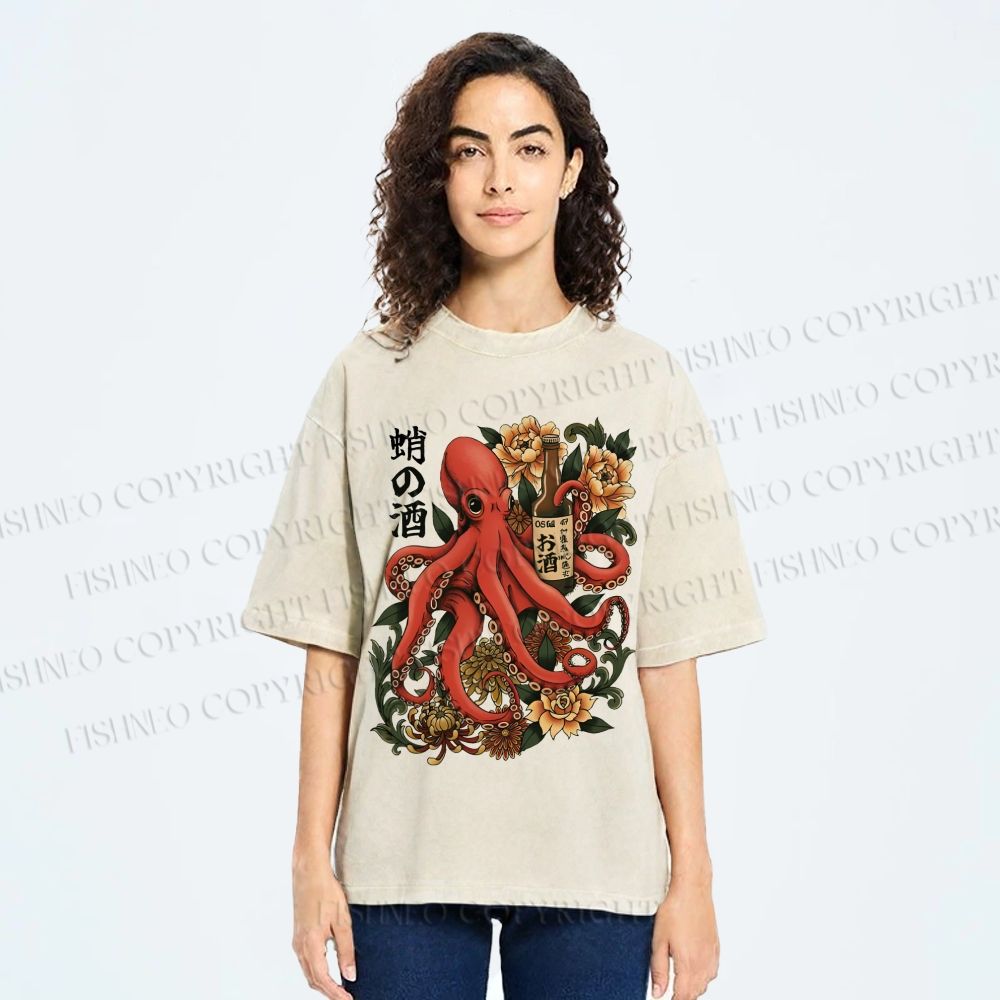 Unisex Octopus with Sake Bottle Printed Washed Tee