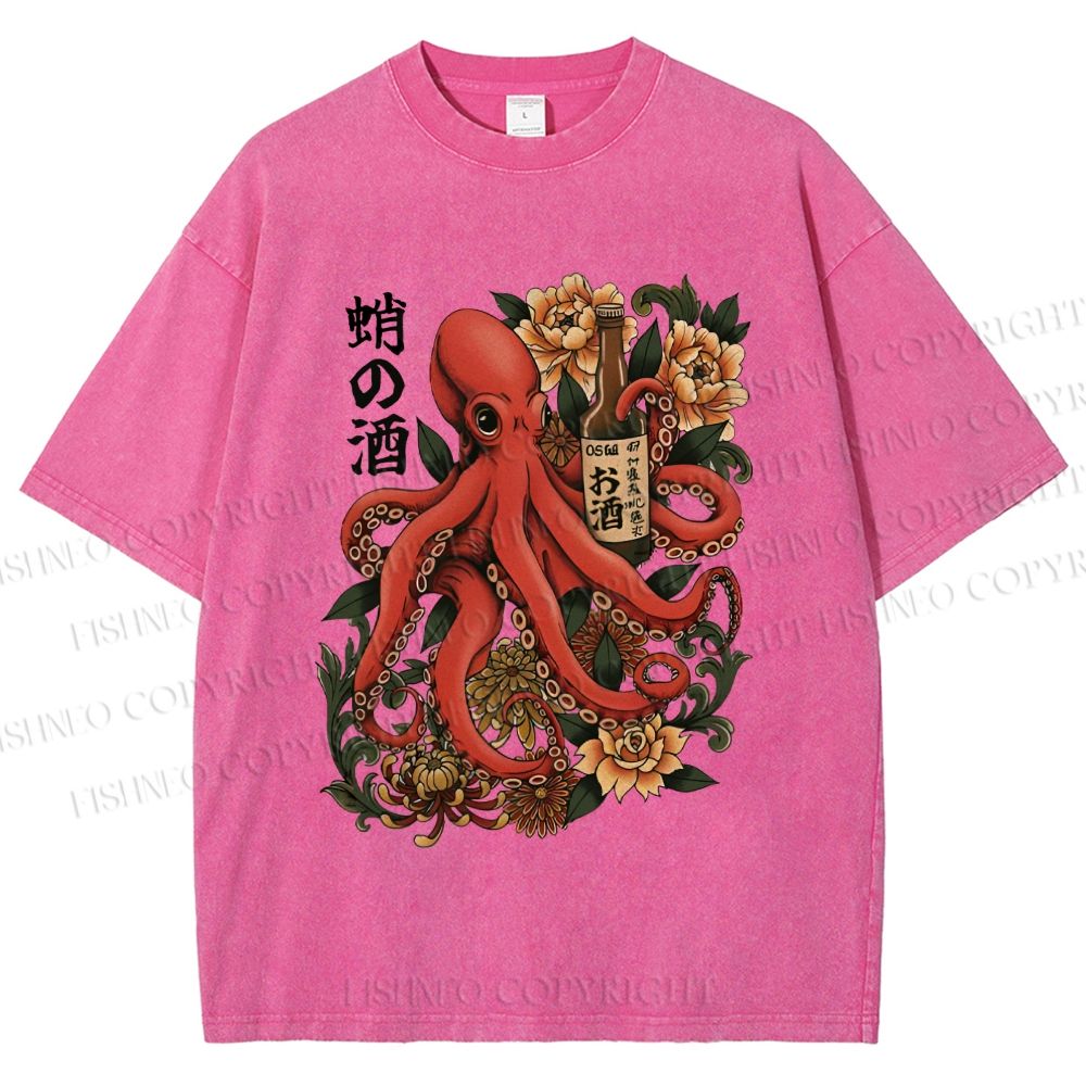 Unisex Octopus with Sake Bottle Printed Washed Tee