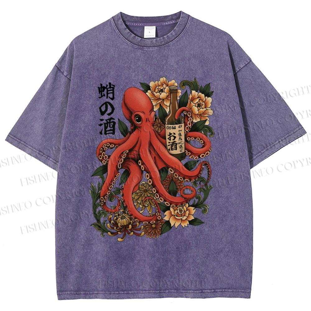 Unisex Octopus with Sake Bottle Printed Washed Tee