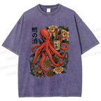 Unisex Octopus with Sake Bottle Printed Washed Tee