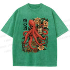 Unisex Octopus with Sake Bottle Printed Washed Tee