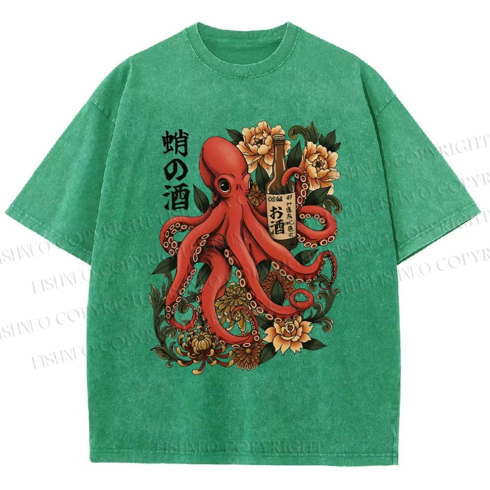Unisex Octopus with Sake Bottle Printed Washed Tee