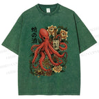 Unisex Octopus with Sake Bottle Printed Washed Tee