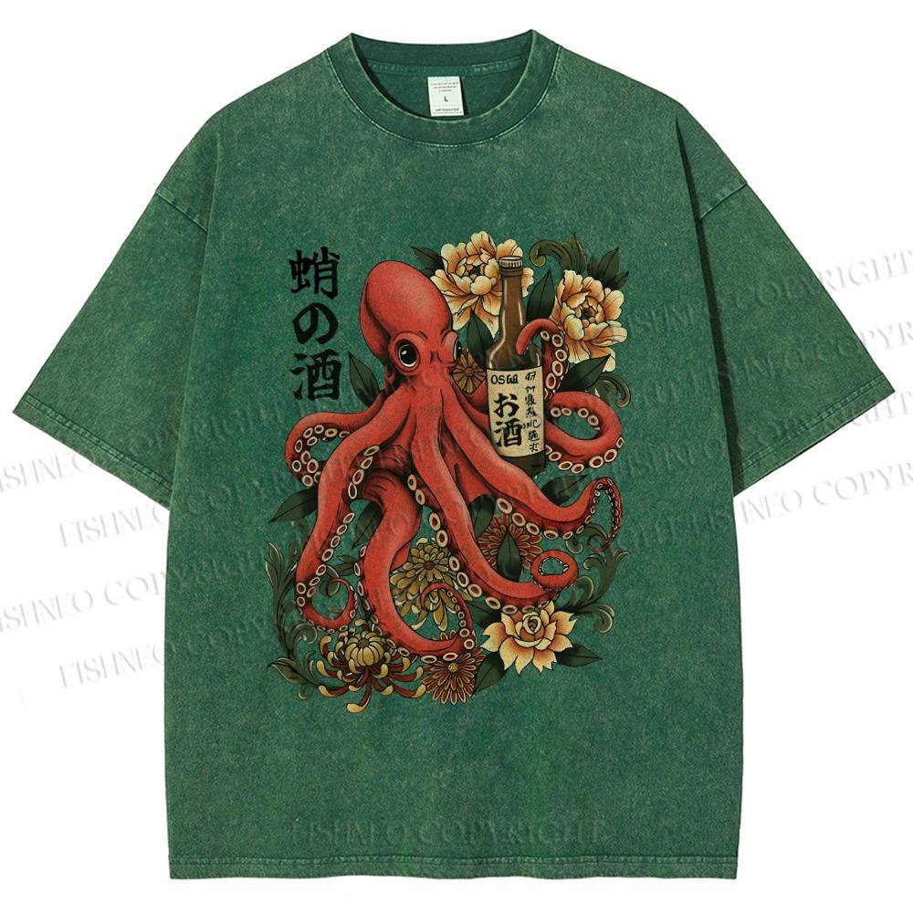 Unisex Octopus with Sake Bottle Printed Washed Tee