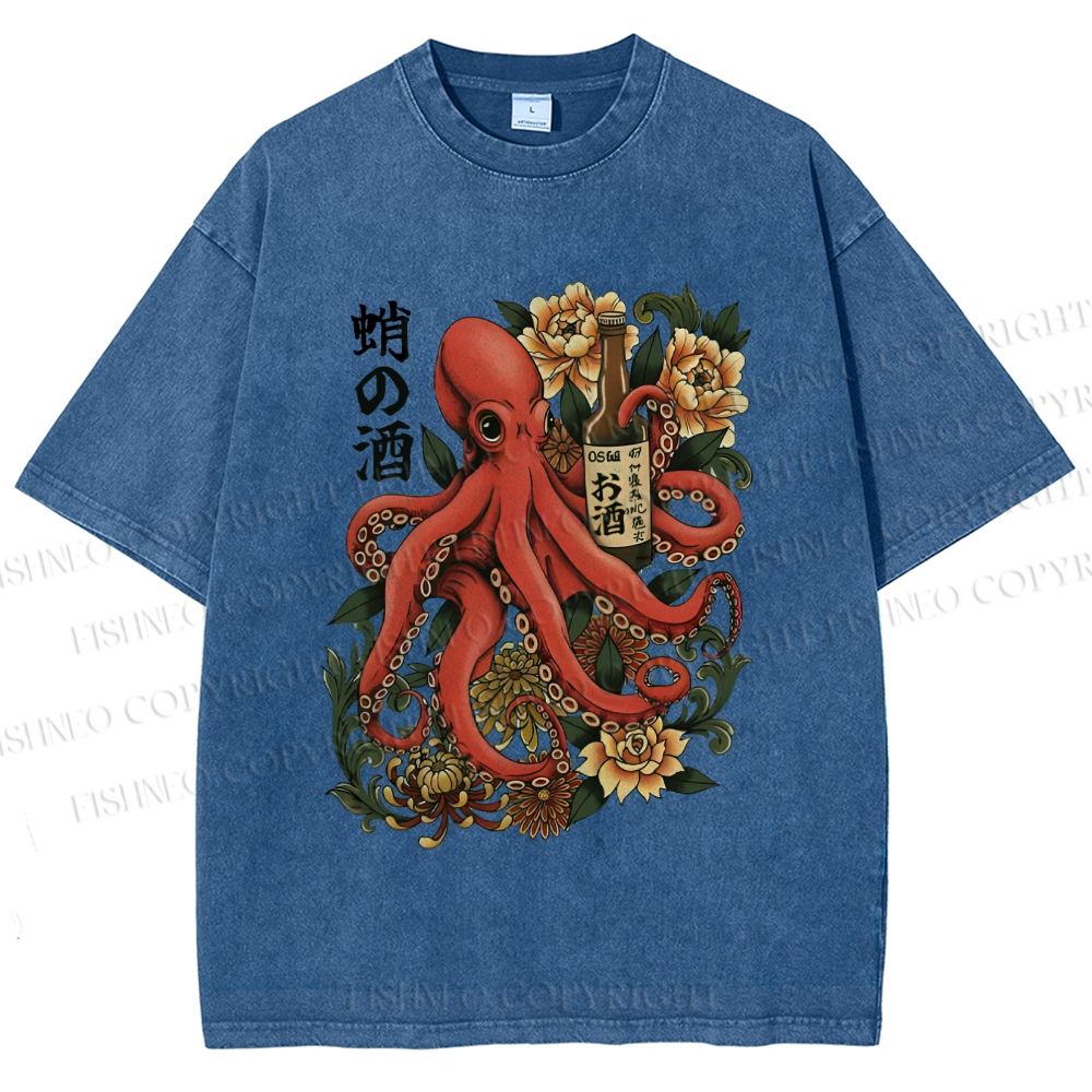 Unisex Octopus with Sake Bottle Printed Washed Tee
