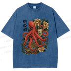 Unisex Octopus with Sake Bottle Printed Washed Tee