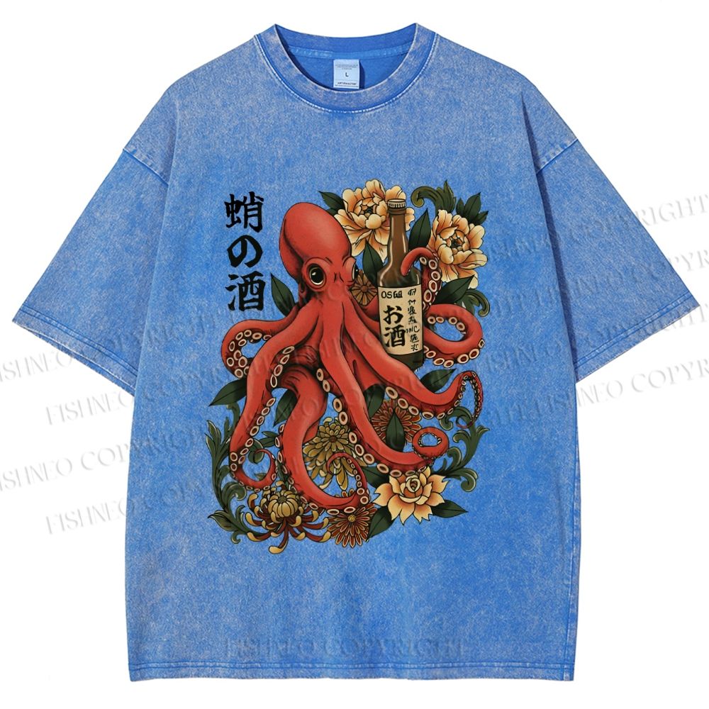 Unisex Octopus with Sake Bottle Printed Washed Tee