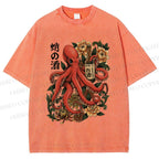 Unisex Octopus with Sake Bottle Printed Washed Tee