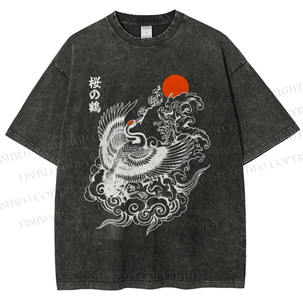 Unisex Sakura Crane In Flight Printed Washed Tee