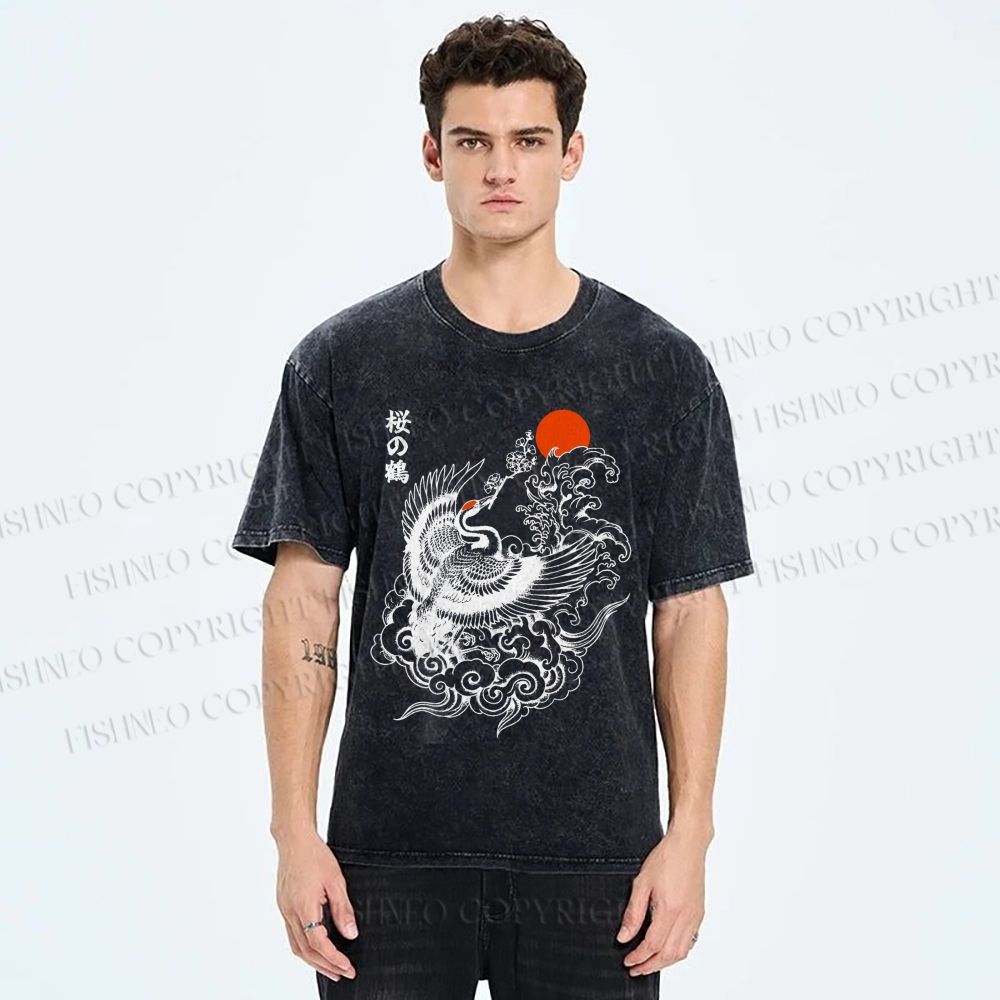 Unisex Sakura Crane In Flight Printed Washed Tee