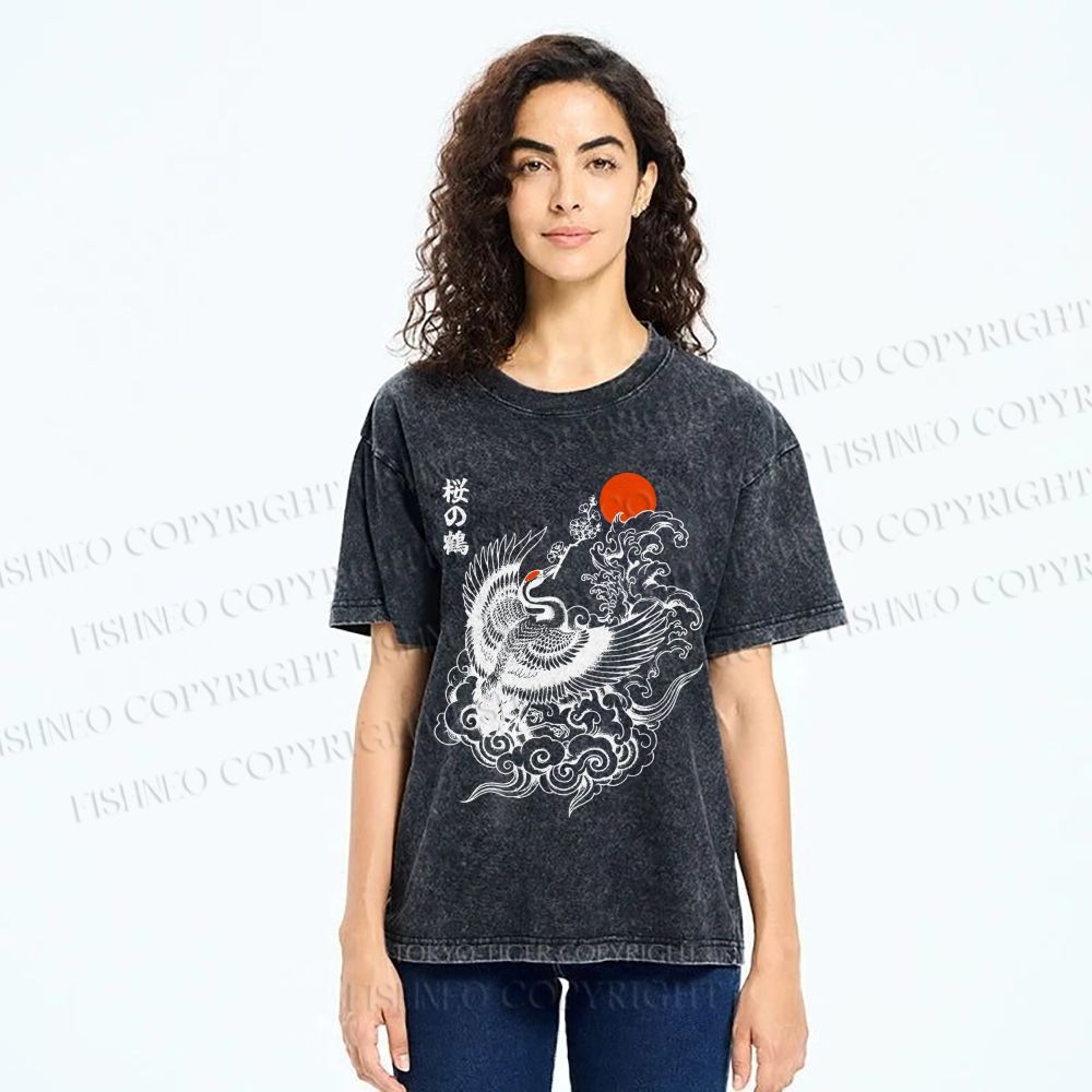 Unisex Sakura Crane In Flight Printed Washed Tee