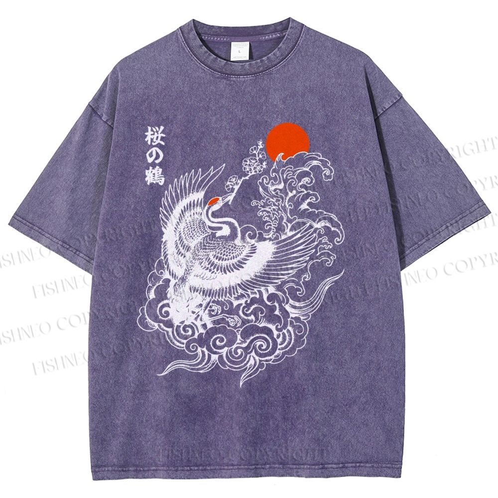 Unisex Sakura Crane In Flight Printed Washed Tee
