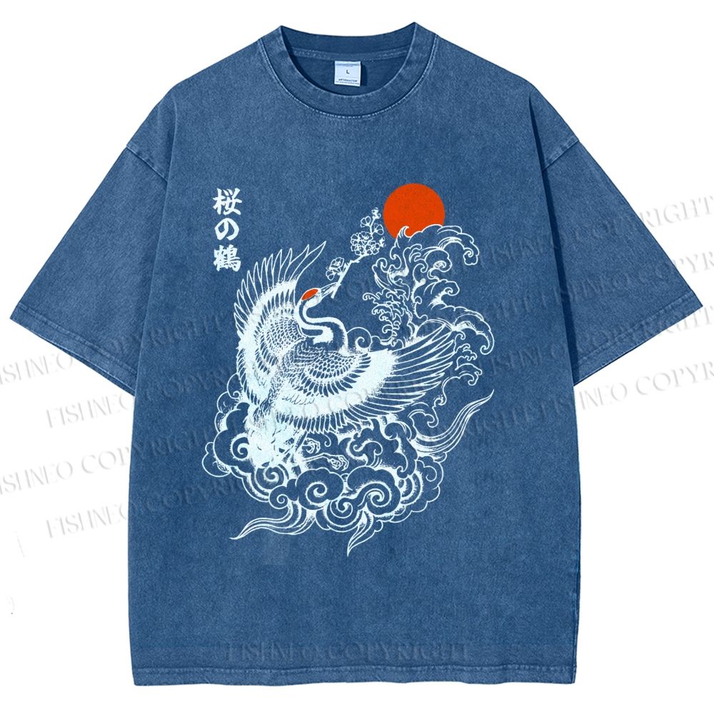 Unisex Sakura Crane In Flight Printed Washed Tee