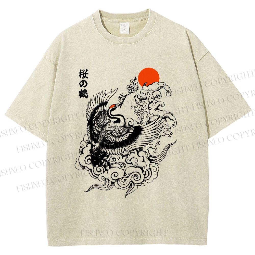 Unisex Sakura Crane In Flight Printed Washed Tee