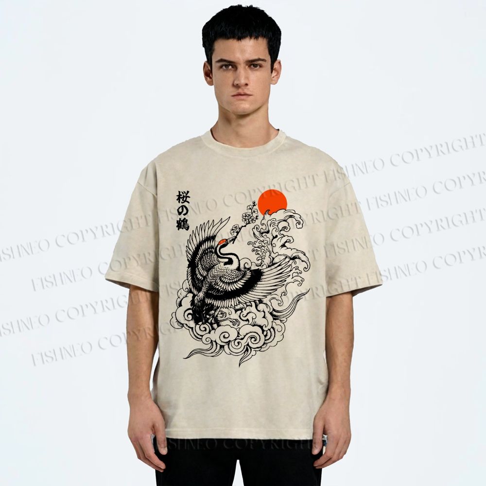 Unisex Sakura Crane In Flight Printed Washed Tee