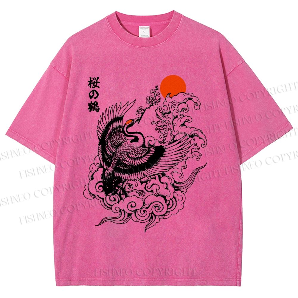 Unisex Sakura Crane In Flight Printed Washed Tee