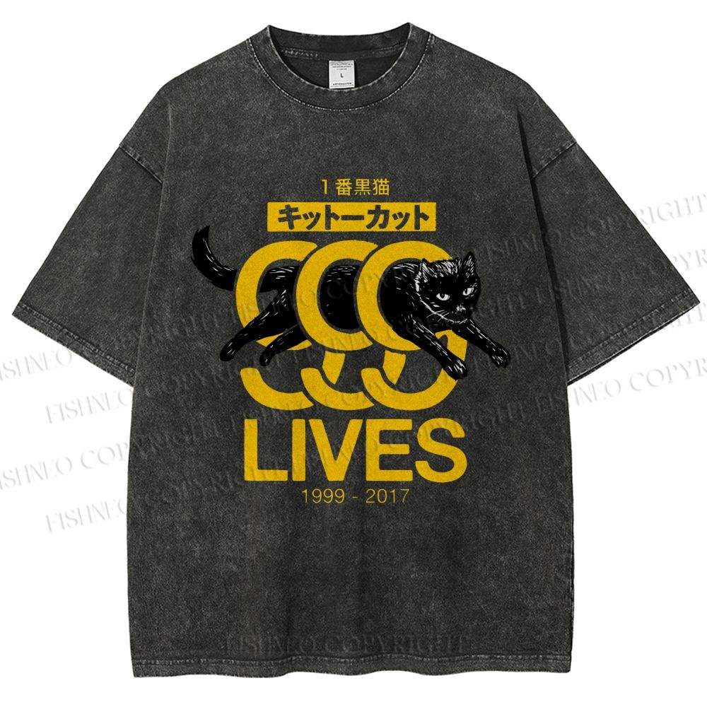 Unisex 9 Lives Black Cat Printed Washed Tee