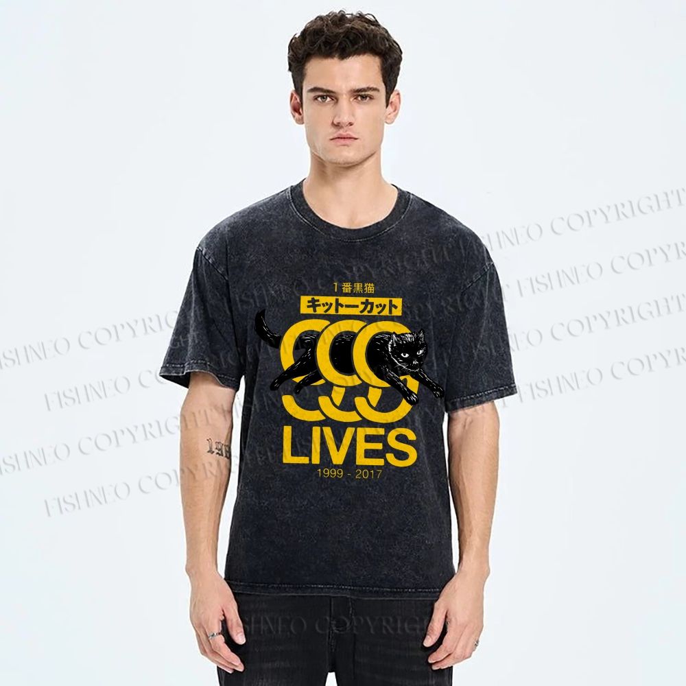 Unisex 9 Lives Black Cat Printed Washed Tee