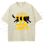 Unisex 9 Lives Black Cat Printed Washed Tee