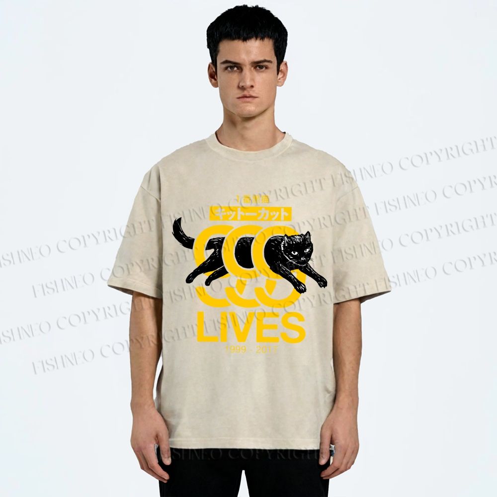Unisex 9 Lives Black Cat Printed Washed Tee