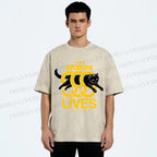 Unisex 9 Lives Black Cat Printed Washed Tee