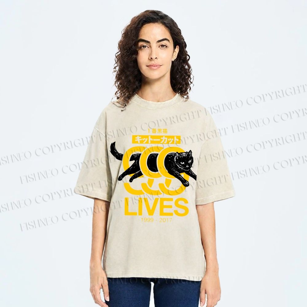 Unisex 9 Lives Black Cat Printed Washed Tee