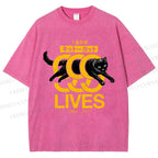 Unisex 9 Lives Black Cat Printed Washed Tee