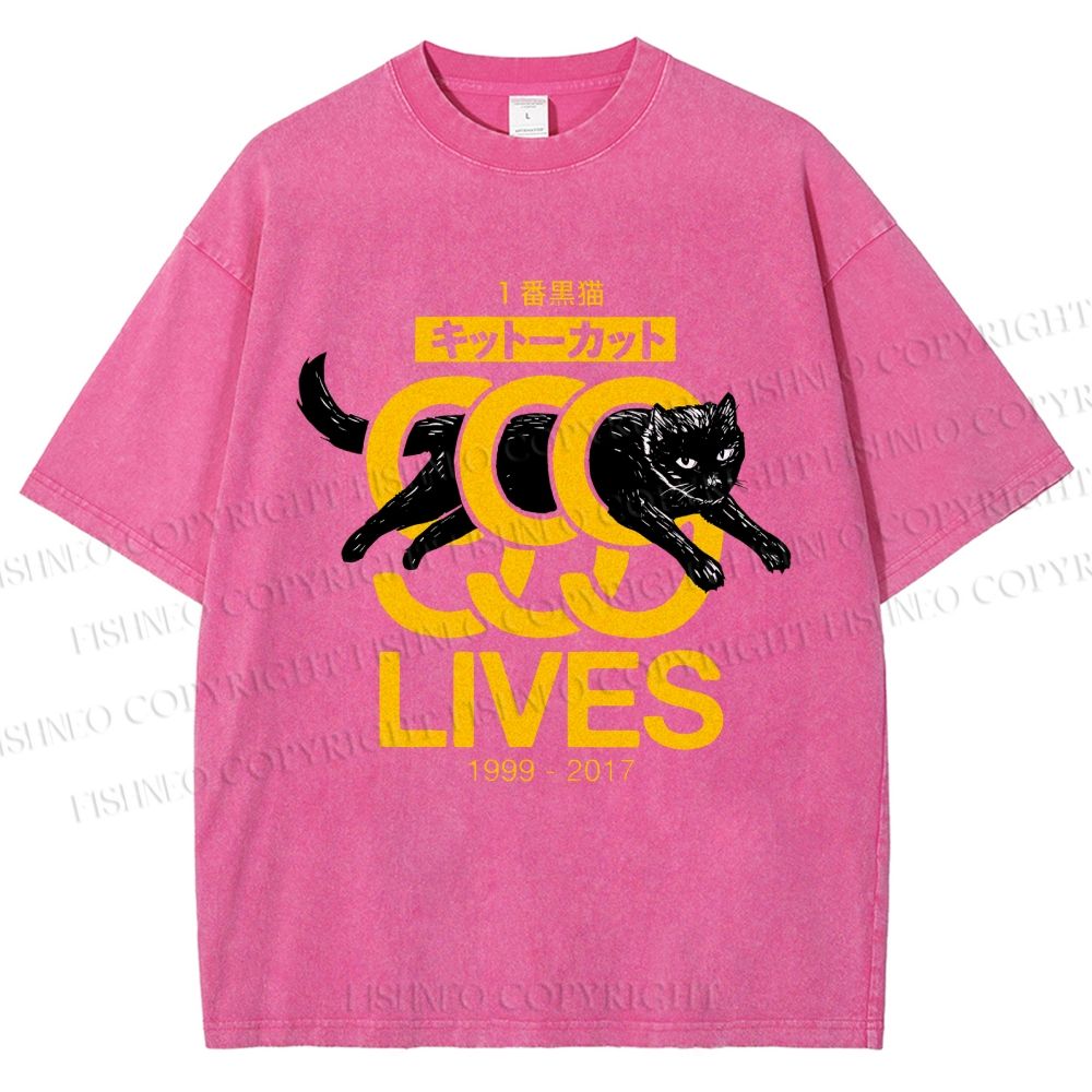 Unisex 9 Lives Black Cat Printed Washed Tee