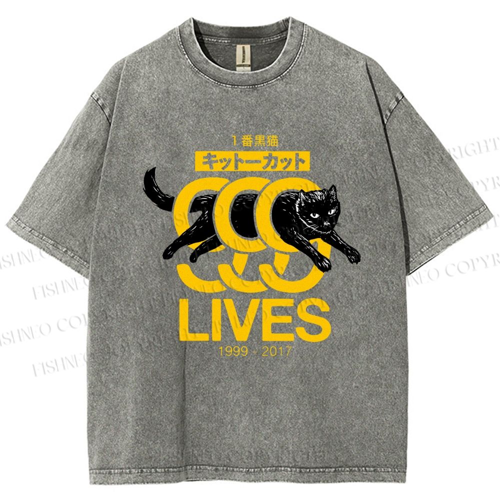 Unisex 9 Lives Black Cat Printed Washed Tee