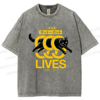 Unisex 9 Lives Black Cat Printed Washed Tee