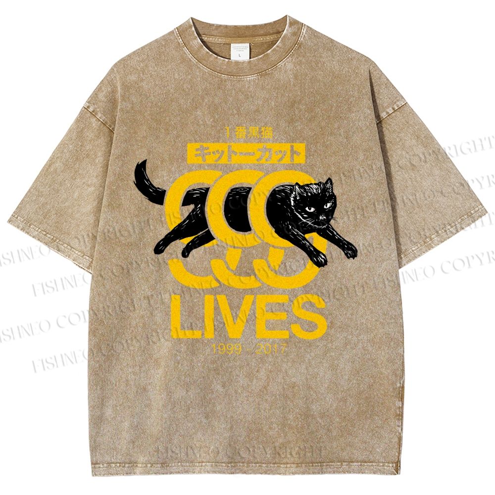 Unisex 9 Lives Black Cat Printed Washed Tee