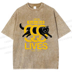Unisex 9 Lives Black Cat Printed Washed Tee