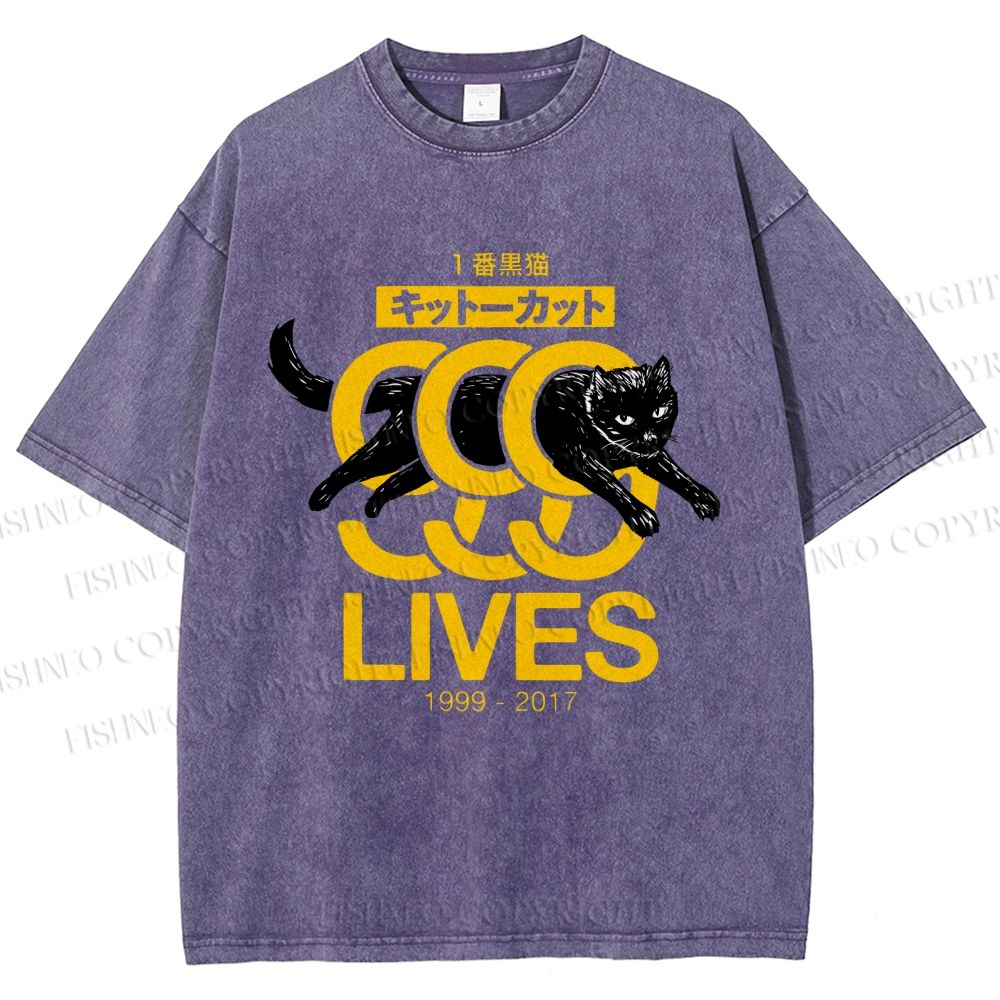 Unisex 9 Lives Black Cat Printed Washed Tee