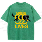 Unisex 9 Lives Black Cat Printed Washed Tee