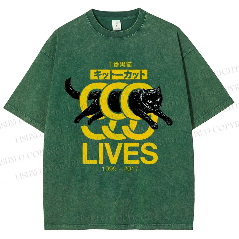 Unisex 9 Lives Black Cat Printed Washed Tee