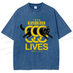 Unisex 9 Lives Black Cat Printed Washed Tee