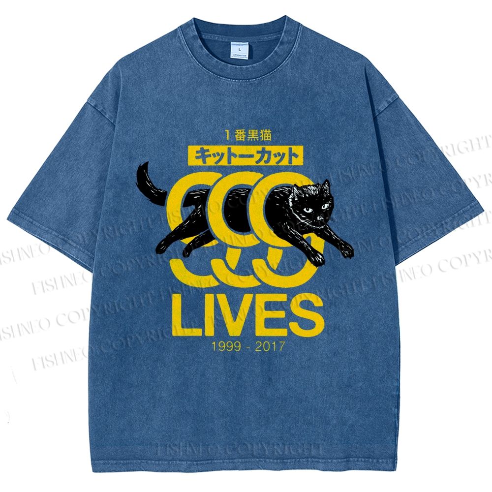 Unisex 9 Lives Black Cat Printed Washed Tee