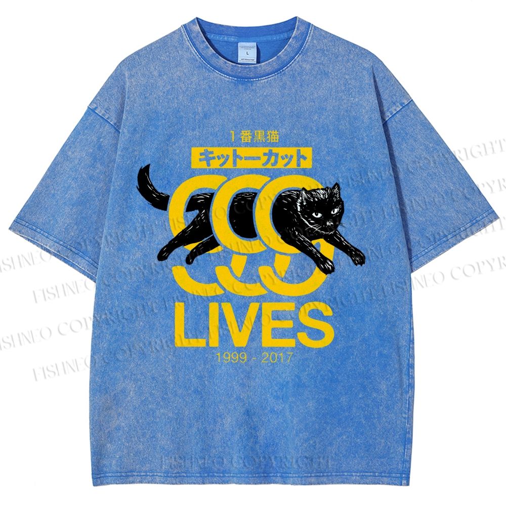 Unisex 9 Lives Black Cat Printed Washed Tee