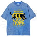 Unisex 9 Lives Black Cat Printed Washed Tee