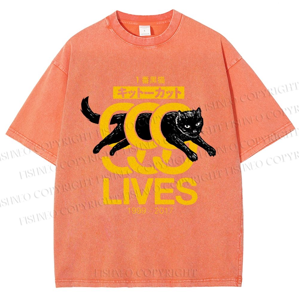 Unisex 9 Lives Black Cat Printed Washed Tee