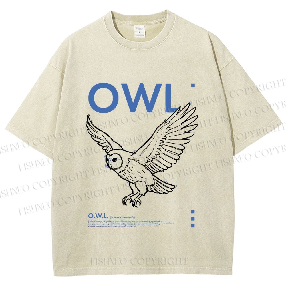 Unisex Flying Owl Printed Washed Tee