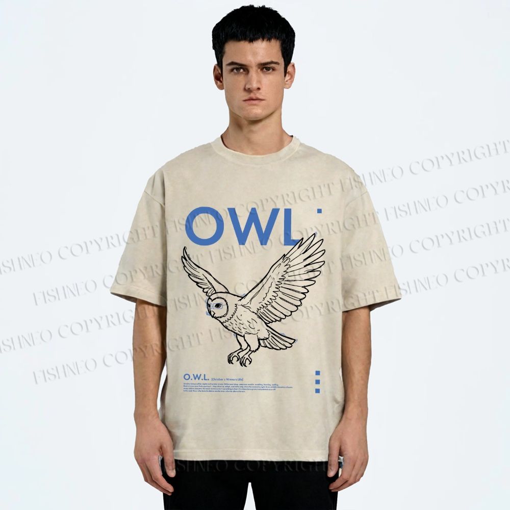 Unisex Flying Owl Printed Washed Tee