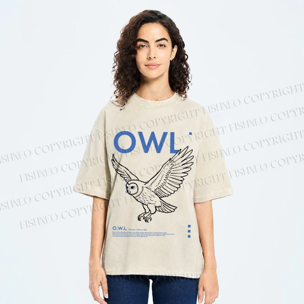 Unisex Flying Owl Printed Washed Tee