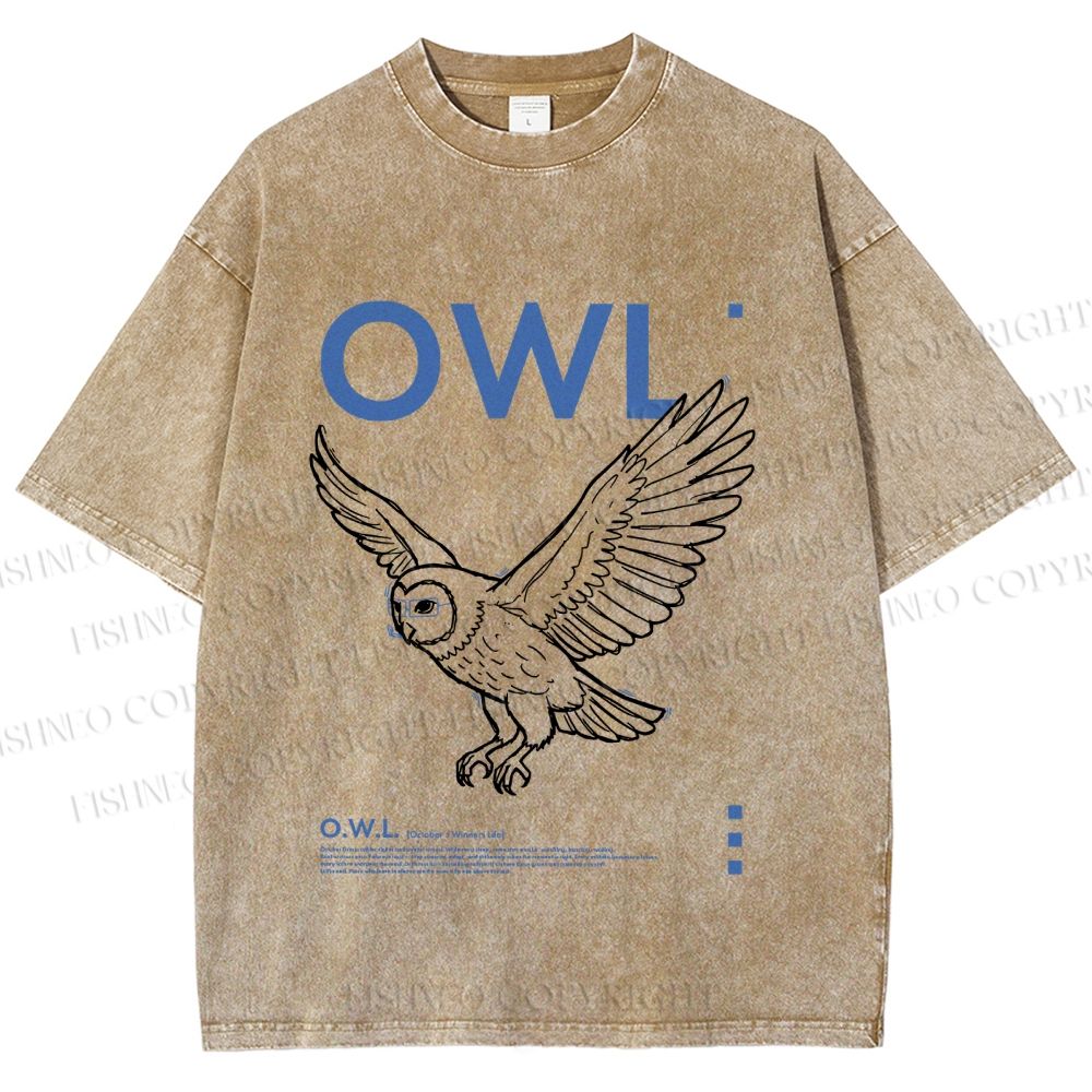 Unisex Flying Owl Printed Washed Tee