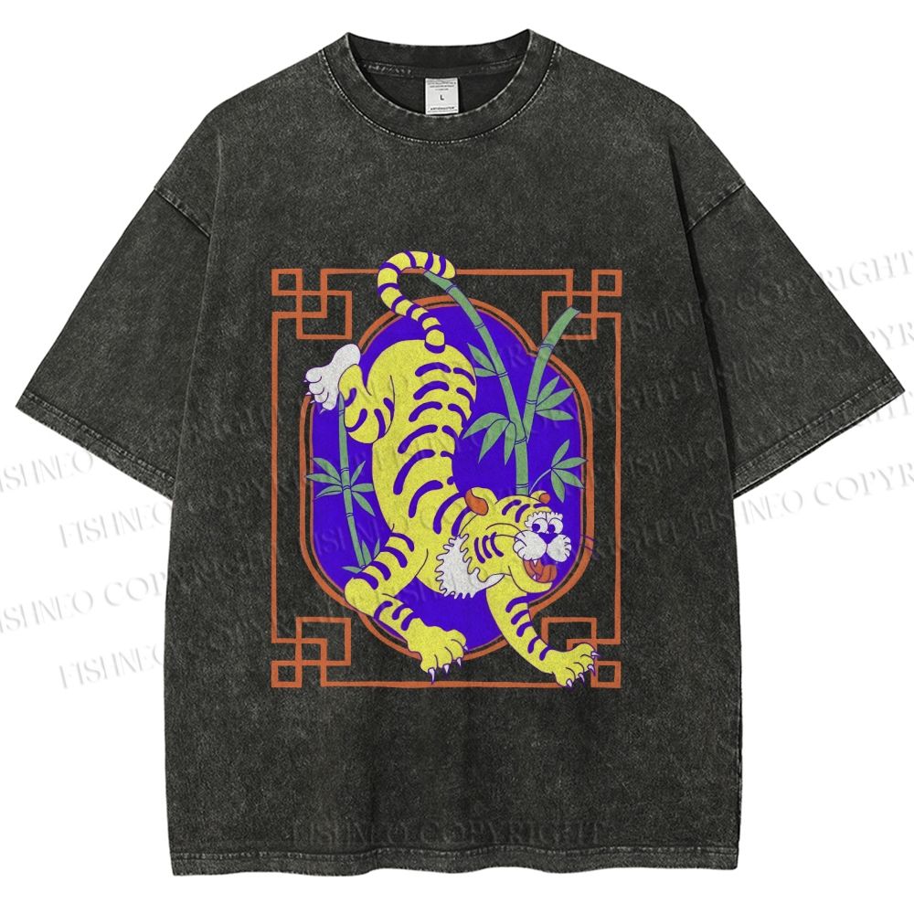 Unisex Silly Tiger Printed Washed Tee
