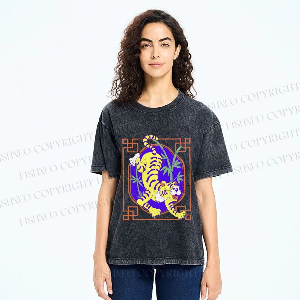 Unisex Silly Tiger Printed Washed Tee