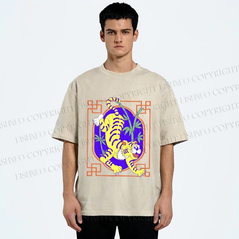 Unisex Silly Tiger Printed Washed Tee