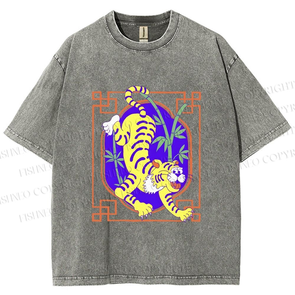 Unisex Silly Tiger Printed Washed Tee