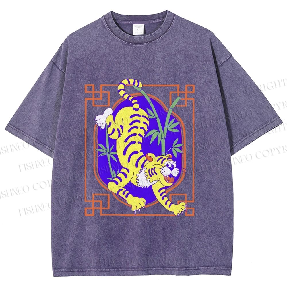 Unisex Silly Tiger Printed Washed Tee